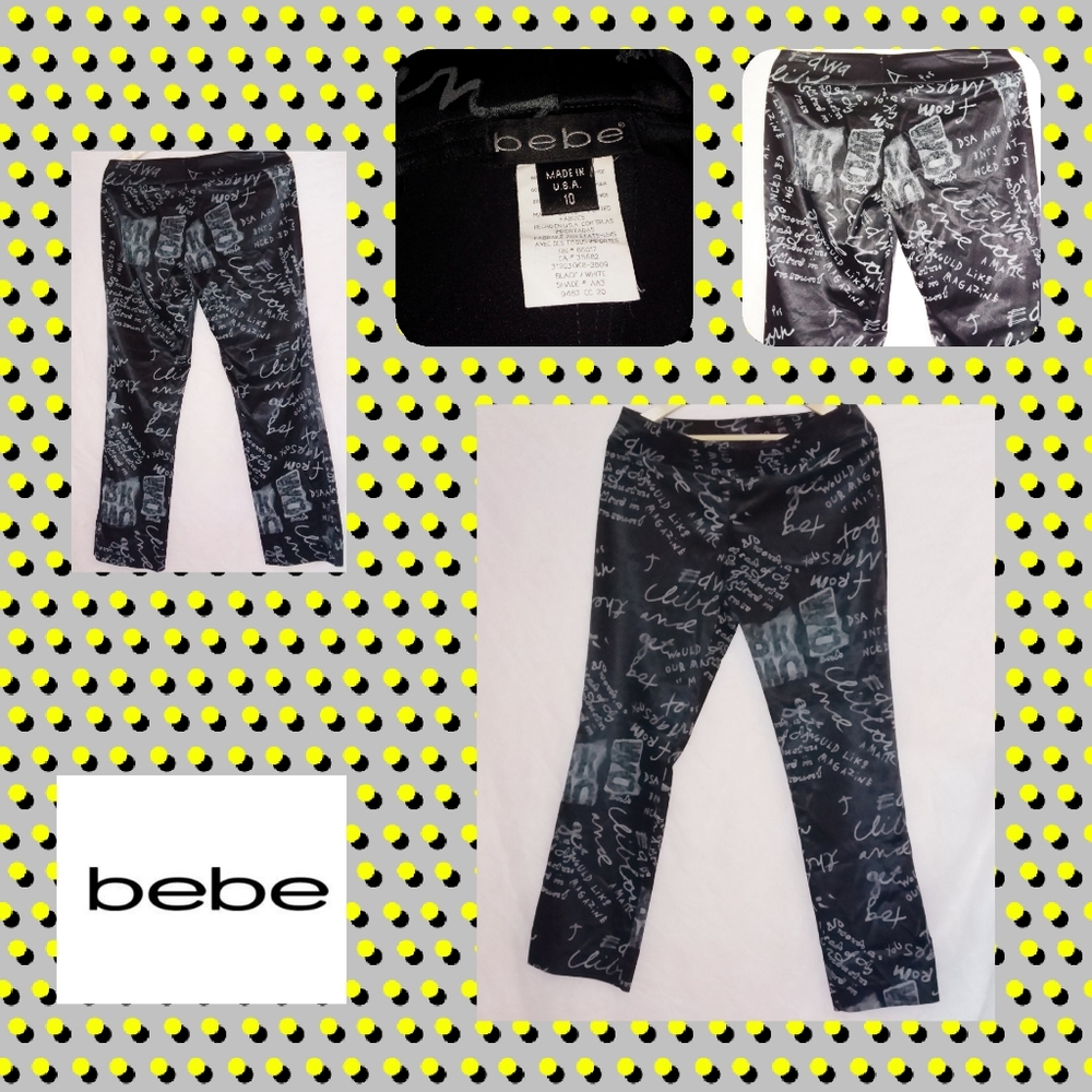 Bebe Black silver printed letters silky pants EUC